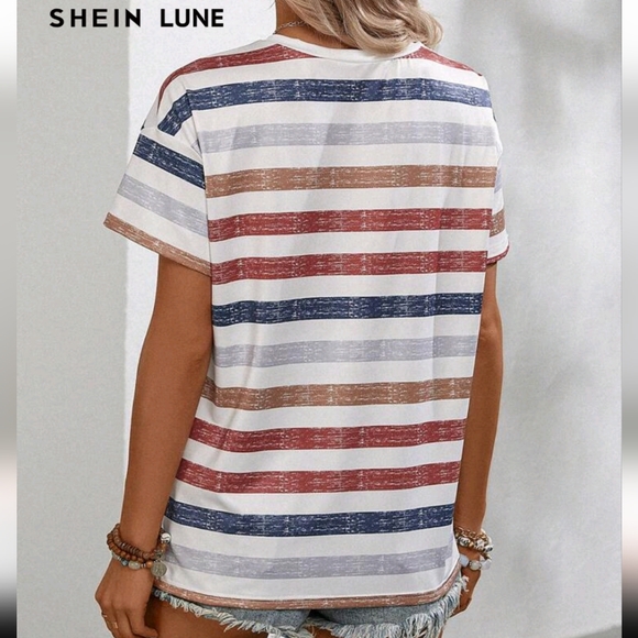 SHEIN Striped V-Neck Tee in Red, Blue, and Tan Size 12 XL - Picture 3 of 5